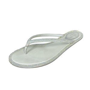 RENE CAOVILLA White Satin Crystal Embellished Thong Flat Sandals - US 8.5